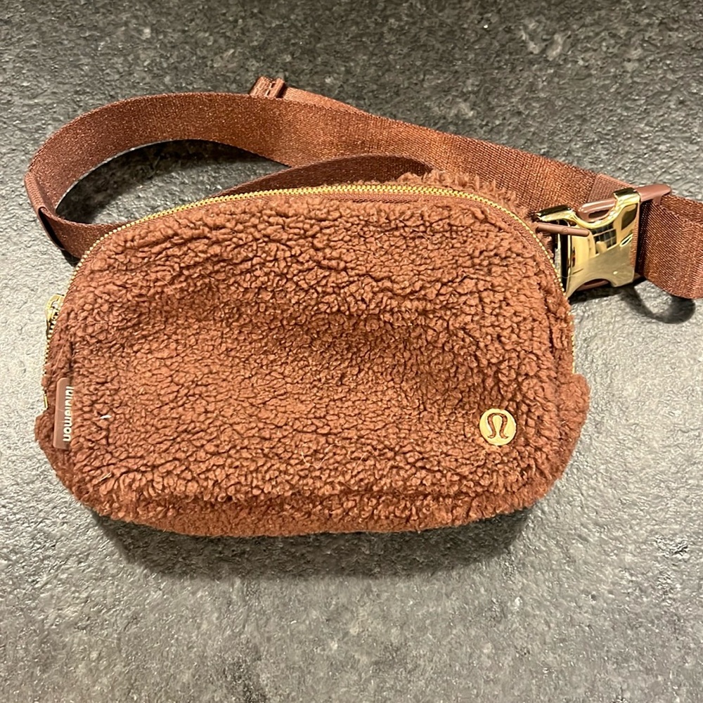 Brown fuzzy Lululemon belt bag